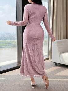 Feyla New Lace Waist Ruffle Dusty Pink Cinched Waist Elegant High-End Party Dress Autumn - Pink - View 7