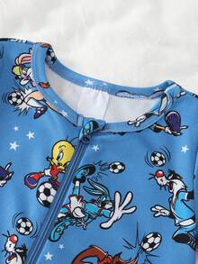 LOONEY TUNES X SHEIN GraphicGems 男婴卡通印花拉链休闲日常连体睡衣 - 藍色 - 查看 4