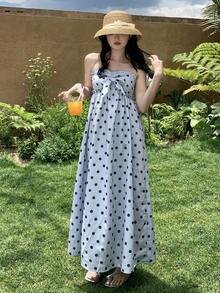 DAZY 女士休闲荷叶边波点无袖修身连衣裙 - 灰藍色 - 查看 7
