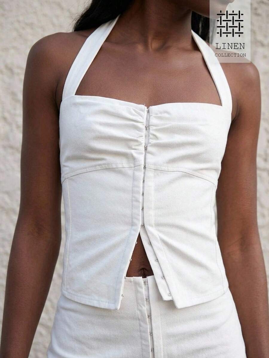 ATUI Studio Women's White  Linen Blend Top – Elegant Chic Short Sleeve Blouse For Summer Beach, Party & Vacation,Summer Top - White - View 1