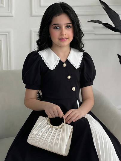 SHEIN Tween Girls Dresses Knit Black & White Color Block Pleated Hem Elegant Dress