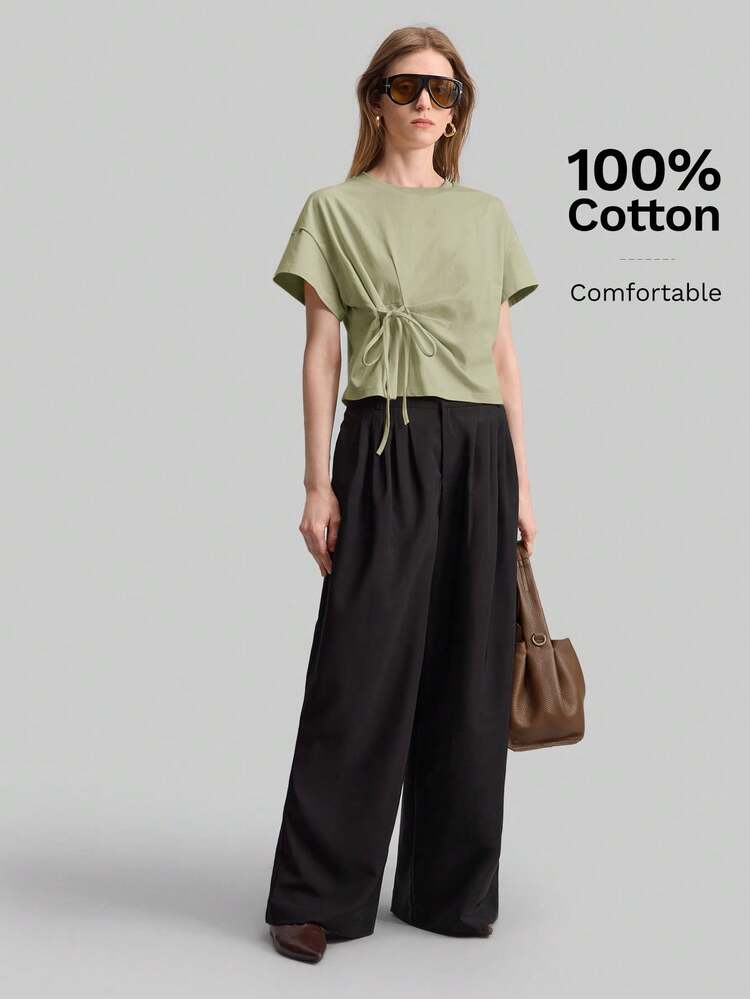 2026SS Women's Vacation Round Neck Off-Shoulder Short Sleeve Belted Casual T-Shirt, Urban Commute Business Casual Women's Basic Top, Elegant Outerwear Top, Wedding Guest Outfit, Casual Top For Spring,Summer Top