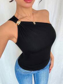SHEIN 女款黑色性感金屬感百褶無袖上衣 - 黑色 - 查看 5