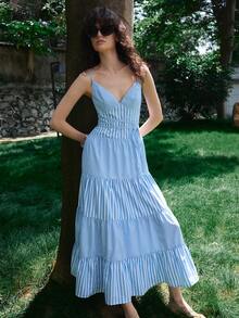 Lumivelle Women's New V-Neck Sleeveless Blue And White Stripe Patchwork Dress, Casual Coastal Sexy Picnic Vacation Romantic Elegant Beach Holiday Summer - Blue - View 7