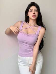DAZY 女士纯色撞色蕾丝交叉设计休闲背心夏季 - 淡紫色 - 查看 4