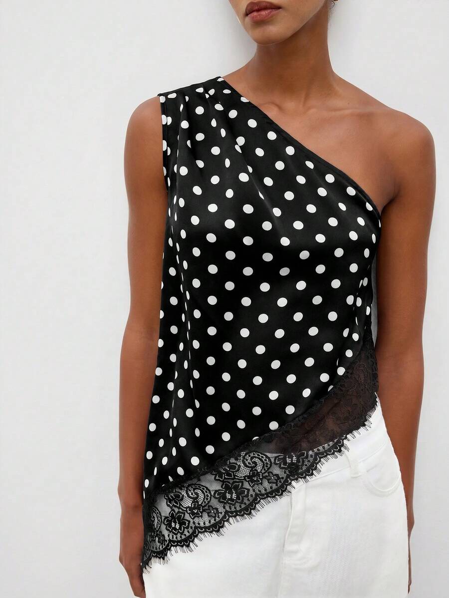 Maija Women's Casual Polka Dot & Contrast Lace One Shoulder Blouse, Summer - Black - View 1