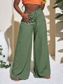 Slaydiva Women's Full Length Geometric Green Casual Vacation Wide Leg Pants - Hunter Green - View 7
