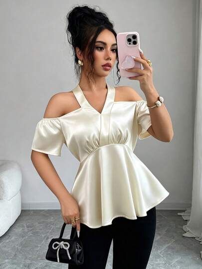 Elenzga Women's Elegant Sexy Satin Fabric V-Neck Cold Shoulder Short Sleeve Waist Shaping A-Line Blouse, Summer