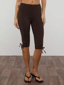 COUREZ Mid Rise Capri Leggings With Tie Hem Detail/Y2K Summer Clothes For Women Spring Outfits Bottoms Capris Black - Coffee Brown - View 4