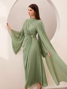 Graceveil Đầm xếp ly eo, cổ nhún, đính đá lấp lánh màu xanh ô liu - Màu xanh Ô liu - Xem 4