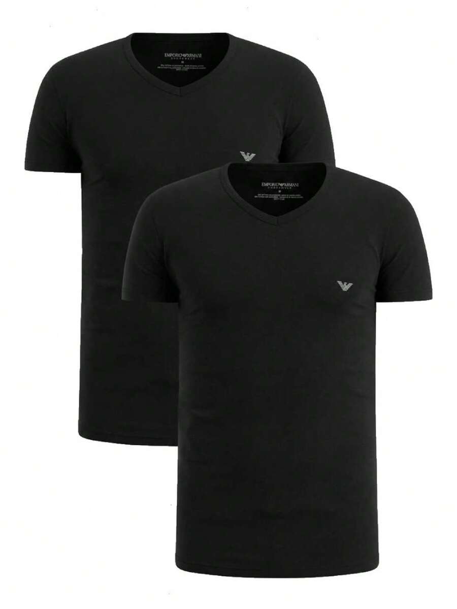 Armani 2 Pack Men's V Neck T-Shirts Black - Black/Black Grey Logo - Xem 1