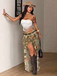 Coolane Váy xếp ly lưới màu trắng dáng bất đối xứng, phong cách hippie boho miền Tây dành cho nữ, thích hợp cho lễ hội âm nhạc mùa hè, phong cách Y2K Fairycore. - xanh quân đội - Xem 4