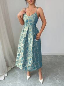 Vestido elegante de mujer con tirantes de espagueti y estampado jacquard, adecuado para invitadas de boda, fiestas de noche y galas; Vestido elegante de de mujer con cuello en V y pliegues - Azul - Ver 6