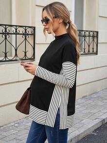 MaterniWear Maternity Mock Neck Striped Colorblock Tee With Long Sleeve Fall - Black - View 2