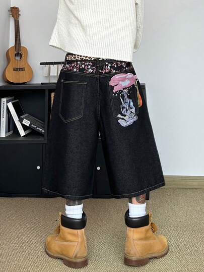 STEELVANCE Vintage Streetwear Embroidered Loose Straight Leg Casual Denim Shorts, Versatile For Daily Wear In Summer
