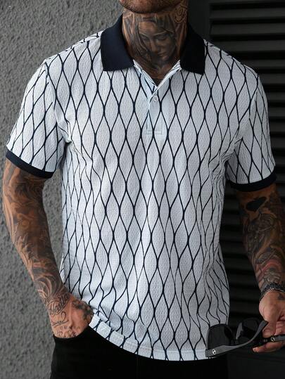 Manfinity CasualCool 男士几何印花 Polo 衫，宽松版型撞色短袖通勤 Polo 衫，轻便商务休闲上衣，适合工作、高尔夫、周末穿着