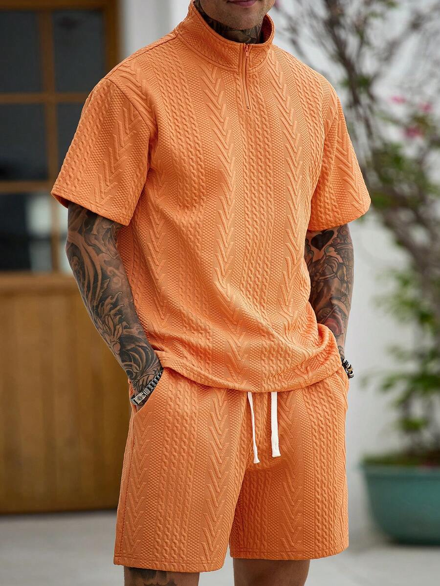 Manfinity CasualCool 男士纯色短袖 Polo 衫和短裤套装 - 橘色 - 查看 1