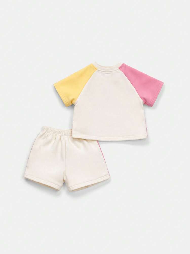 Girls White Raglan Sleeve Tee And Shorts Two Piece Summer Outfit Set With Contrast Panels Beach Cute