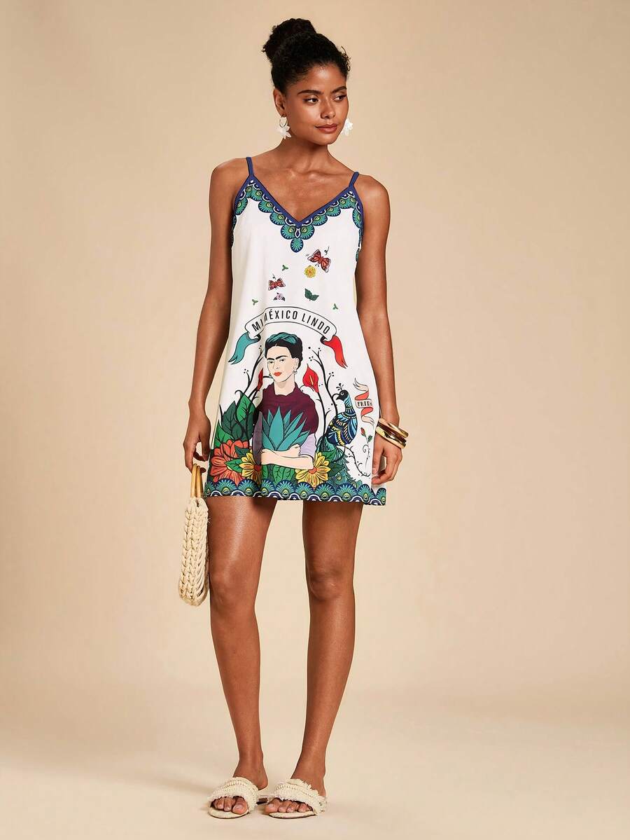 Travachic Frida Kahlo X SHEIN Women's Casual Frida Collaboration Floral & Peacock Print Mini Dress, Chic For Spring/Summer, Suitable For Vacation & Beach - Multicolor - View 1