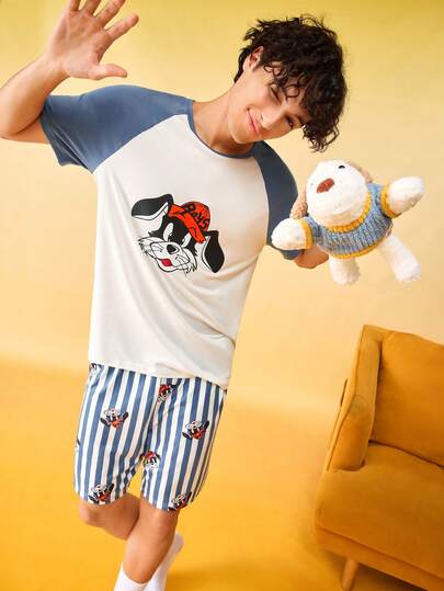 Men's Cartoon Animal Print Round Neck Short Sleeve Top And Striped Casual Shorts Pajama Set
