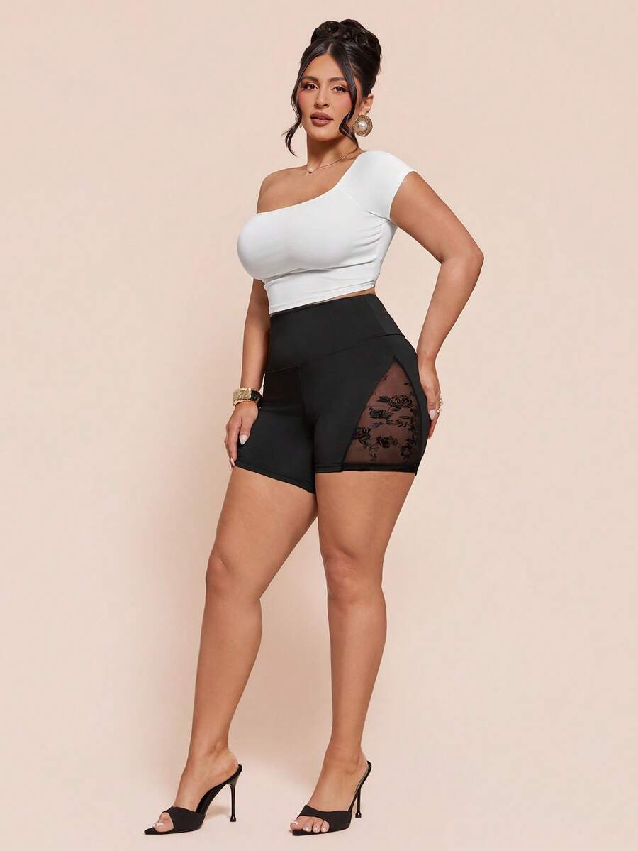 SHEIN BAE Quần short nữ cỡ lớn màu đen phối lưới nhung. - màu đen - Xem 1