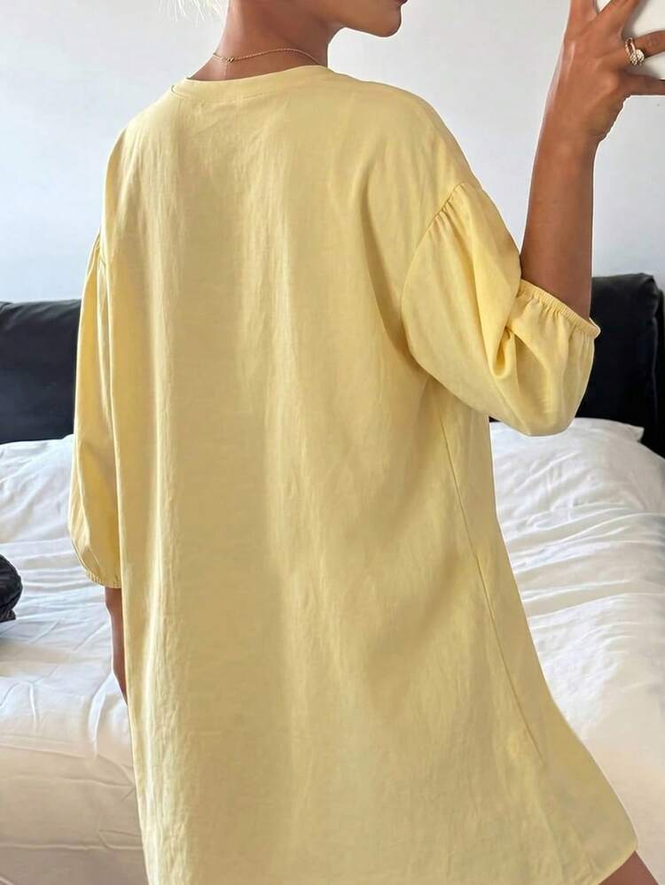 Solid Color Pleated Long Sleeve Cardigan Short Dress, Women Summer Sleepwear