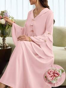Al Najma Layered Floral Jacquard Hooded Cape With Ruffled Hem And Puff Sleeves, Elegant Robe - Pink - View 1