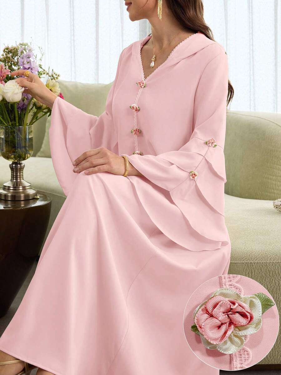 Al Najma Layered Floral Jacquard Hooded Cape With Ruffled Hem And Puff Sleeves, Elegant Robe - Pink - View 1