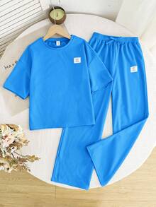 SHEIN Setelan 2 Potong untuk Anak Perempuan Remaja: Kaos Lengan Pendek Leher Bulat dan Celana Panjang, Kasual, Longgar, dan Nyaman - Biru - View 2