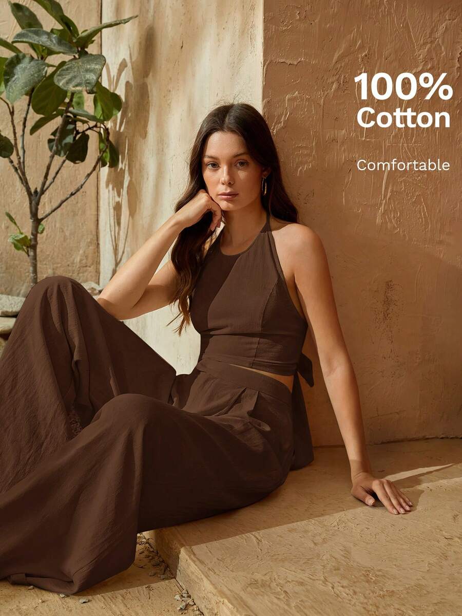 Travachic Bộ đồ nữ màu trơn gồm áo hai dây hở lưng và quần ống rộng, kiểu dáng thường ngày. - màu nâu - Xem 1