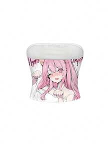 ROMWE Spring/Summer Pink Graphic Cute Anime Character Kawaii Sexy Crop Top For Women - White - View 2