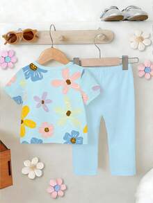 2pcs/Set Young Girl Floral Print Short Sleeve T-Shirt And Solid Color Leggings Set,Cute & Minimalist,Comfortable Summer Outings,Vacation And School - Multicolor - View 2