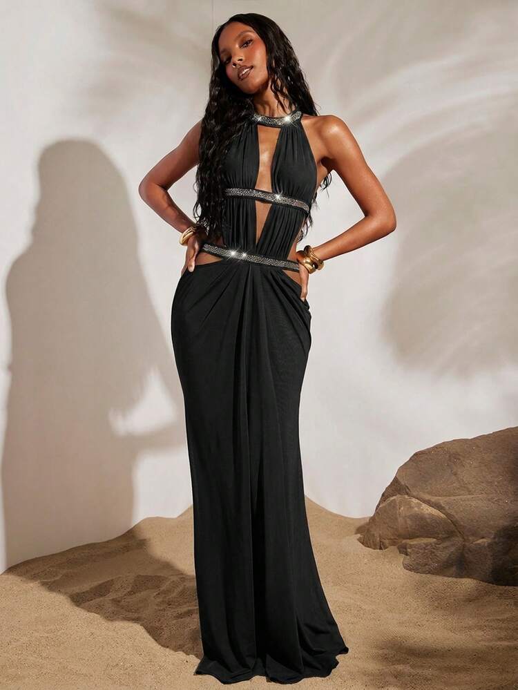 Opulessa Solid Color Knit Mesh Hollow-Out Backless Dress For Women, Suitable For Spring/Summer Vacation - Black - View 7