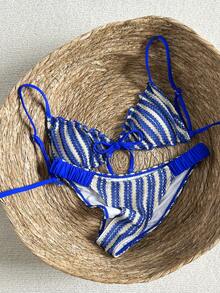 Swim Mod Blue And White Striped Textured Fabric Ruched Front Tie Bow 2-Piece Bikini Set,Summer Casual Beach Holiday Vacation Holiday Bathing Suits For Women - Royal Blue - View 2
