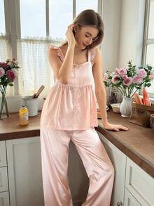 Snug Reverie Women's Satin Ruffle Trim Camisole & Wide Leg Pants Pajama Set, Front Button Closure Waist, Ice Silk Sleepwear 2pcs - Coral Pink - View 4