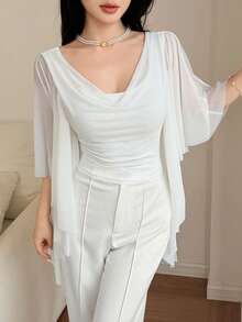 Feyla Áo kiểu dáng mới, cổ chữ V khoét sâu, hở lưng, thiết kế hình bướm, thanh lịch, lãng mạn, thích hợp cho kỳ nghỉ hoặc tiệc tùng. - trắng - Xem 6