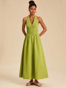 Travachic Women's Embroidered Halter Neck Vacation Dress,Elegant Dresses For Women, Summer Dress,Vacation Outfits Women,Embroidered Dress,Dresses For Women Summer - Green - View 2