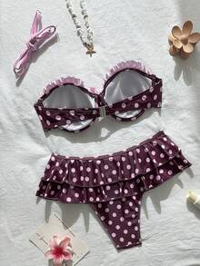 Bonvoyette Bộ bikini nữ mùa hè 2026 mới, kiểu dáng dễ thương, bèo nhún, dây mảnh, hở lưng, họa tiết chấm bi, phối màu, có gọng. - Hồng - Xem 2