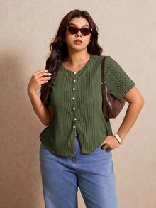 Elaquor Plus Size Women's Solid Color Single-Breasted Casual Versatile Daily Wear Short Sleeve T-Shirt - Army Green - View 5