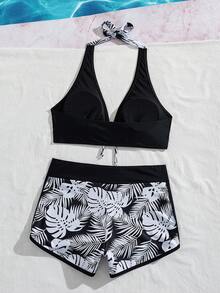 SHEIN Swim 女士夏季沙滩系带性感比基尼上衣和短裤两件套泳装 - 彩色 - 查看 6