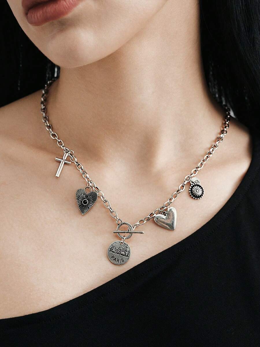 MortiRose A Vintage Bohemian Gothic Cool Cross Heart Paris Letter Necklace - Vintage necklace - View 1