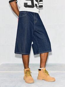 Paul Frank X SHEIN Quần đùi Bermuda denim dáng rộng in chữ dành cho nam - Rửa tối - Xem 6