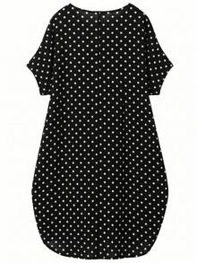 Linhara Plus Size Women's Round Neck Short Sleeve Casual Comfortable Dress, Suitable For Daily Commute - Multicolor - View 2