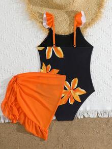 SHEIN Tween Girl Floral Print Ruffled One-Piece Swimsuit And Sarong Two Pieces Set, Summer Beach Vacation - Black - View 2