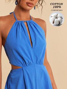 Travachic Vacation Casual Solid Color Backless Halter Jumpsuit - Blue - View 1
