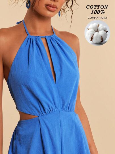 Travachic Bộ jumpsuit cổ yếm hở lưng màu trơn, phong cách thường ngày cho kỳ nghỉ