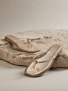 SHUZIA Women's Casual Ball Ornament Thong Strap Flip Flop Flat Sandals - Gold - View 3