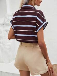 SHEIN Frenchy 休闲简约风蓝紫色条纹女式衬衫，适合春夏穿着 - 彩色 - 查看 2