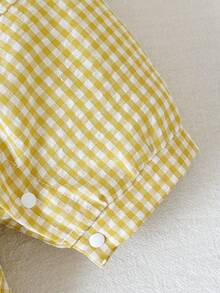 SHEIN Playful Pals 女婴可爱3D立体花朵刺绣荷叶袖连体衣和帽子两件套，夏季 - 黃色 - 查看 7