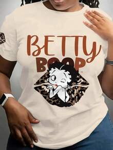 Betty Boop x SHEIN 大码字母和卡通人物印花圆领短袖T恤 - 白色 - 查看 6